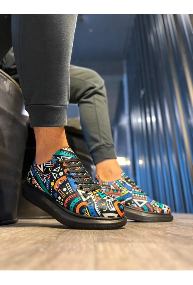 Shoecide Yüksek Taban Renkli Baskılı Günlük Ayakkabı 046 Siyah (siyah Taban)