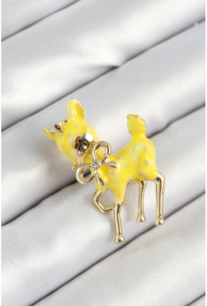 Shoecide Zirkon Taşlı Fiyonk Detaylı 3d Sarı Ceylan Figürlü Gold Renk Kadın Broş