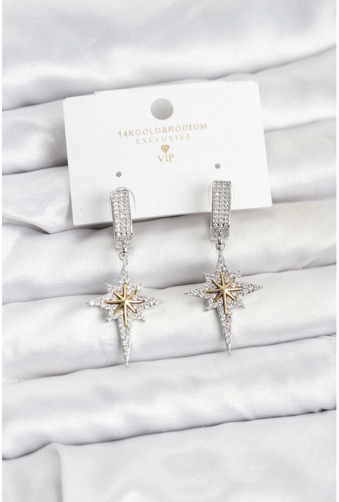 Shoecide Zirkon Taşlı Gümüş Renk Pirinç Kutup Yıldızı Model Kadın Küpe