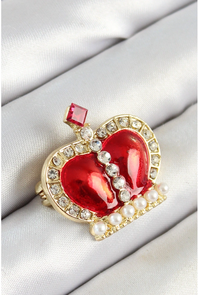 Shoecide Zirkon Taşlı İnci Detaylı Kırmızı 3d Kraliçe Taç Figürlü Gold Renk Kadın Broş