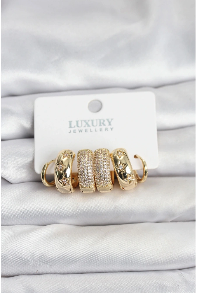 Shoecide Zirkon Taşlı Pirinç Gold Renk Halka Kadın Küpe Seti