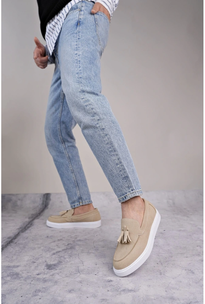 Swo153 Bloom Bağcıksız Püsküllü Süet Erkek Günlük Spor Klasik Ayakkabı Sbt - Krem