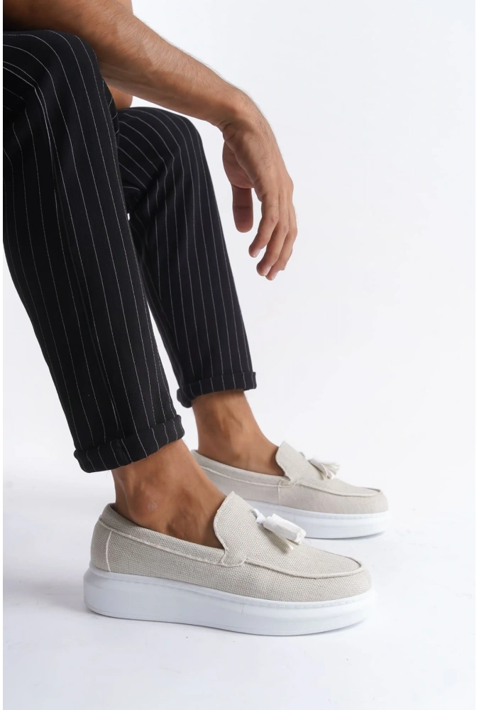 Swo154 Blaze Bağcıksız Püsküllü Keten Erkek Günlük Spor Klasik Ayakkabı Kbt - Beyaz