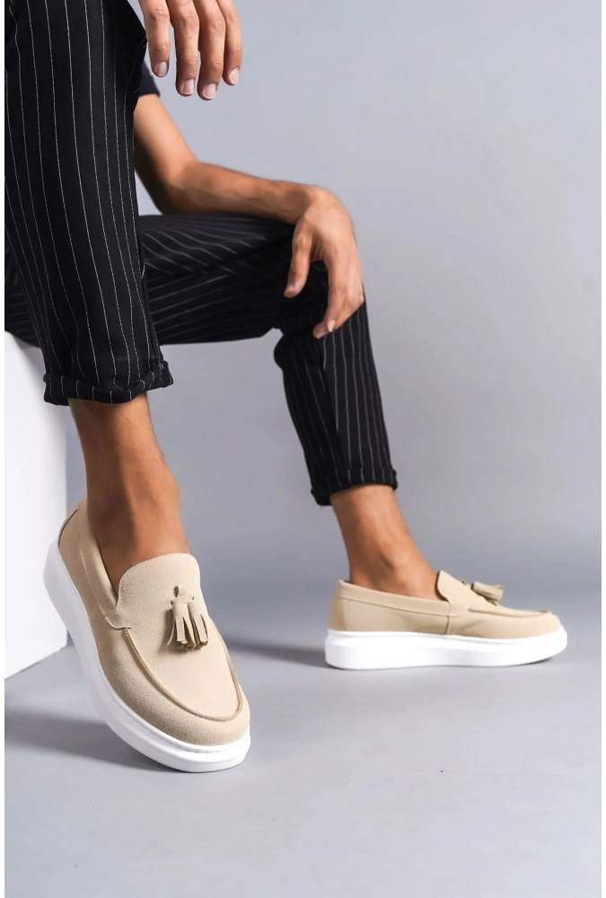 Swo154 Blaze Bağcıksız Püsküllü Süet Erkek Günlük Spor Klasik Ayakkabı Sbt - Krem