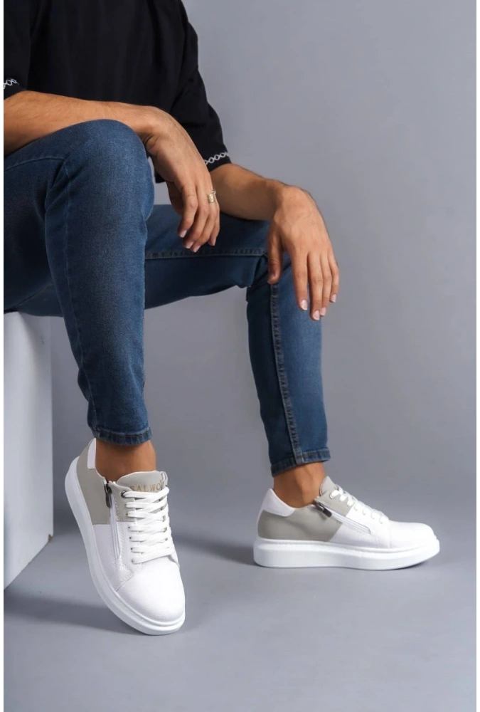 Swo155 Warrior Bağcıklı Ve Fermuarlı Cilt Süet Erkek Günlük Sneaker Ayakkabı Csbt - Beyaz/gri