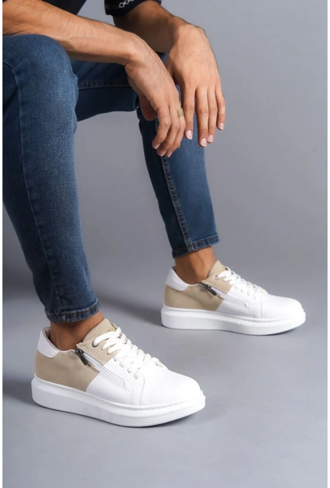 Swo155 Warrior Bağcıklı Ve Fermuarlı Cilt Süet Erkek Günlük Sneaker Ayakkabı Csbt - Beyaz/krem