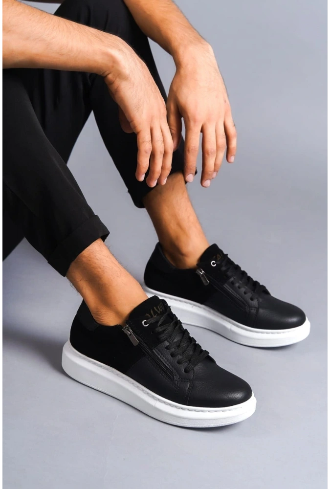 Swo155 Warrior Bağcıklı Ve Fermuarlı Cilt Süet Erkek Günlük Sneaker Ayakkabı Csbt - Siyah