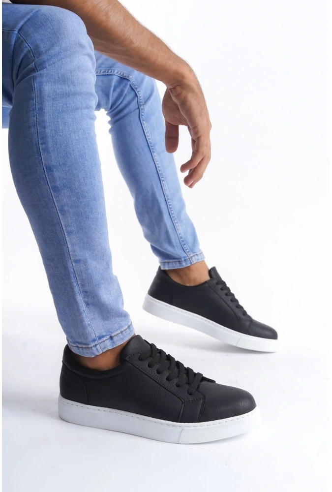 Swo165 Elite Bağcıklı Cilt Erkek Günlük Sneaker Ayakkabı Cbt - Siyah