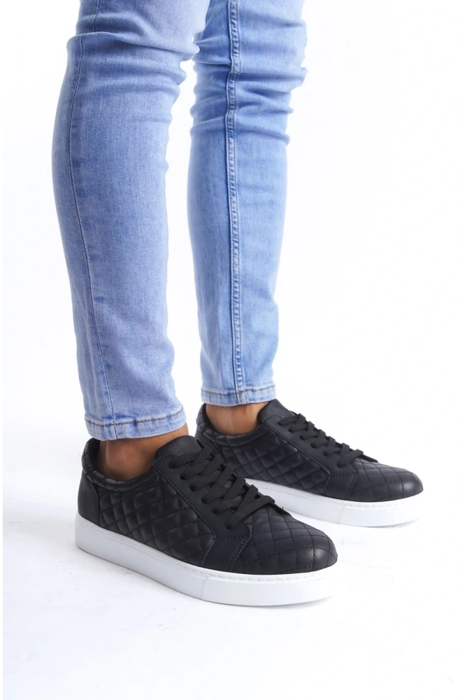 Swo166 Prestige Bağcıklı Cilt Kapitone Desenli Erkek Günlük Sneaker Ayakkabı Cbt - Siyah