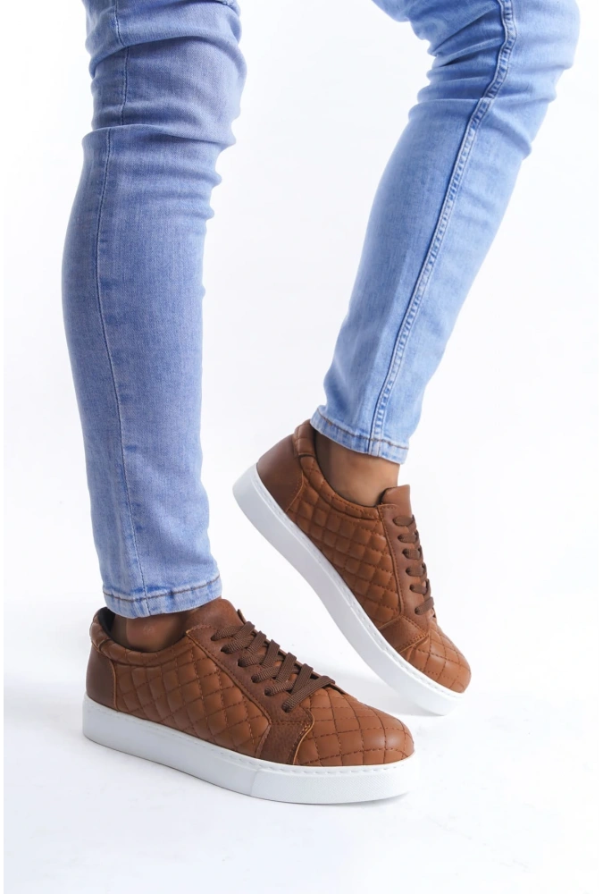 Swo166 Prestige Bağcıklı Cilt Kapitone Desenli Erkek Günlük Sneaker Ayakkabı Cbt - Taba