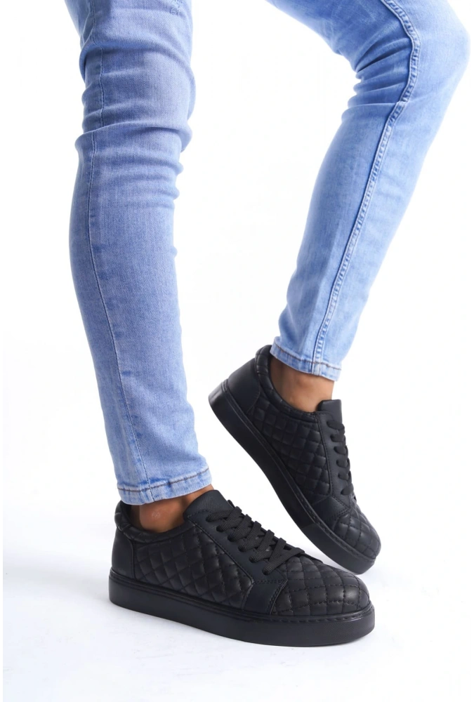 Swo166 Prestige Bağcıklı Cilt Kapitone Desenli Erkek Günlük Sneaker Ayakkabı Cst - Siyah