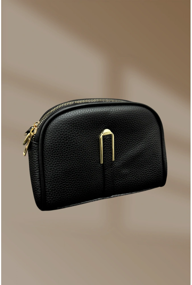 Toka Detaylı 3 Bölmeli Askılı Fermuarlı Siyah Kadın El Ve Omuz Çantası