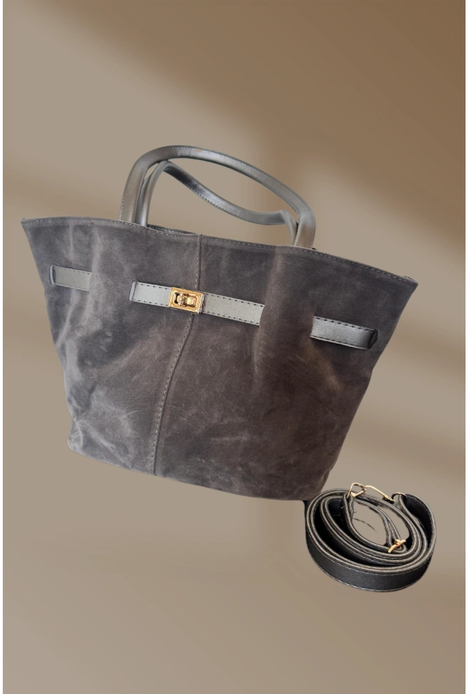 Toka Detaylı İç Bölmeli Ayarlanabilir Askılı Gri Süet Kadın El Ve Omuz Çantası
