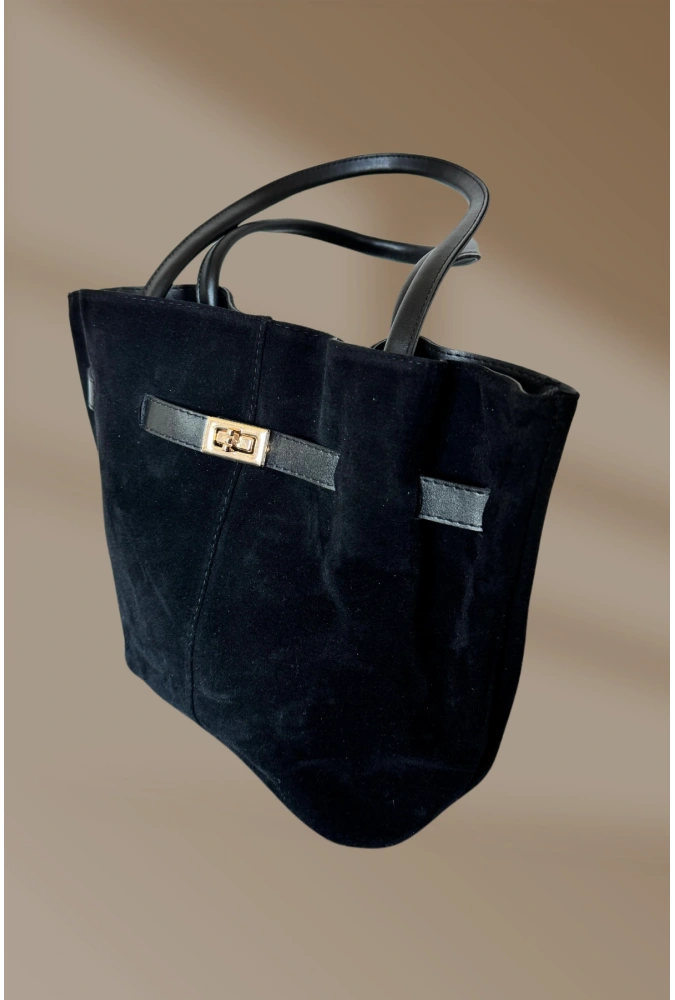 Toka Detaylı İç Bölmeli Ayarlanabilir Askılı Siyah Süet Kadın El Ve Omuz Çantası