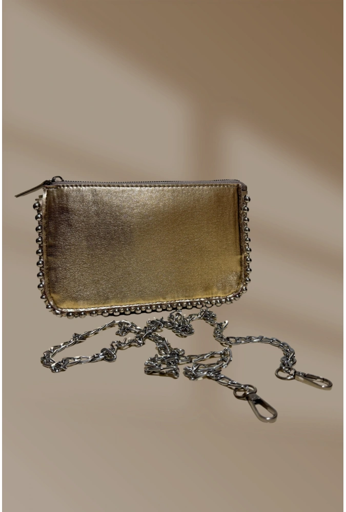 Zincirli Zımbalı Fermuarlı 3 Cepli Gold El Ve Omuz Çantası