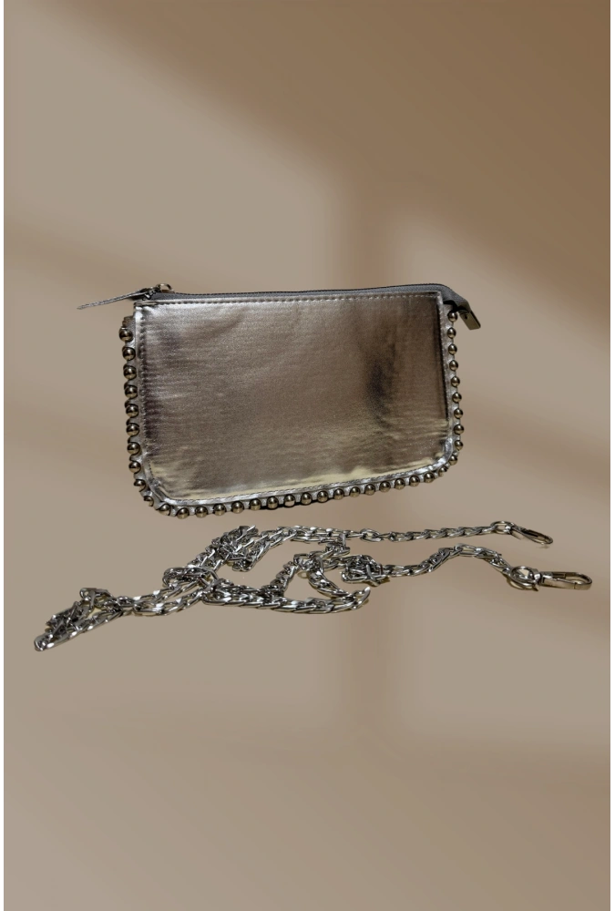 Zincirli Zımbalı Fermuarlı 3 Cepli Gümüş El Ve Omuz Çantası