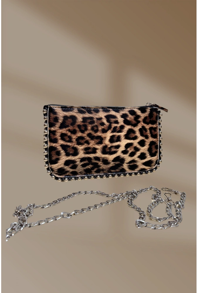 Zincirli Zımbalı Fermuarlı 3 Cepli Leopar El Ve Omuz Çantası