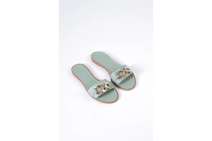 Shoecide Kadın Mint Zincir Detaylı Düz Terlik