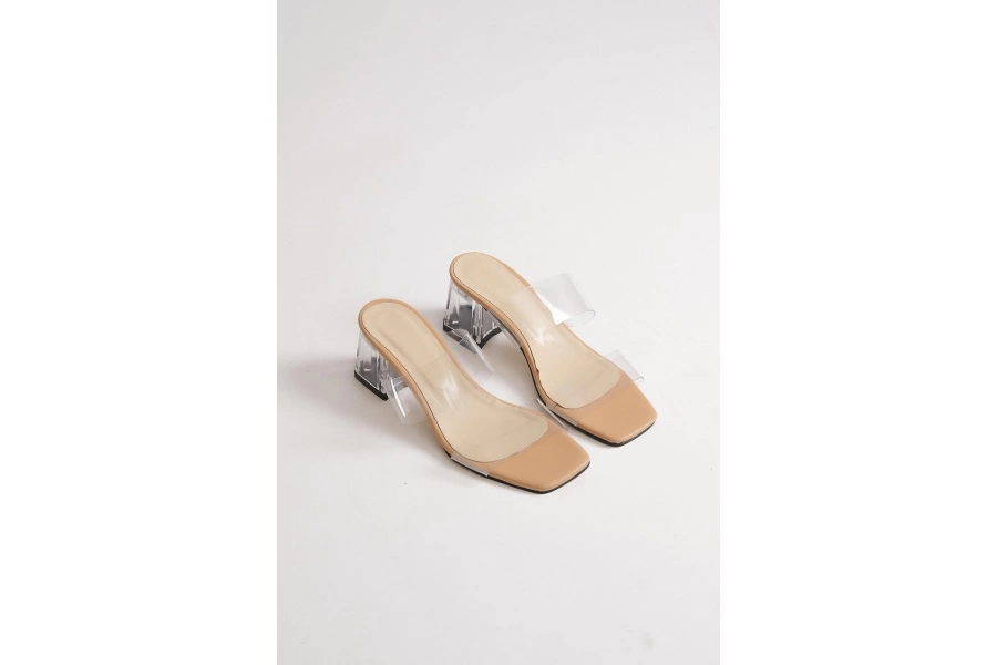 Shoecide Kadın Nut Alçak Kalın Şeffaf Topuk Şeffaf Çift Bant Terlik
