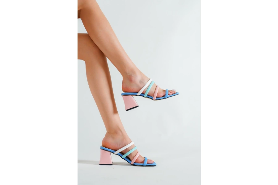 Shoecide Lux Kadın Mavi Alçak Topuk 4 Lü Biye Detaylı Terlik&sandalet
