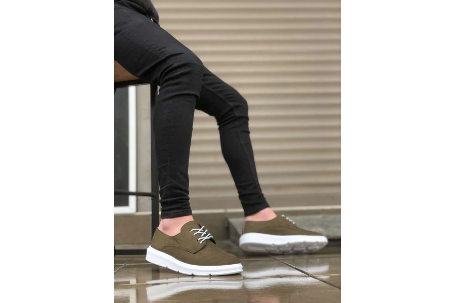 Shoecide Bbo0003 Bağcıklı Klasik Spor Keten Haki Beyaz Yüksek Taban Casual Erkek Ayakkabı