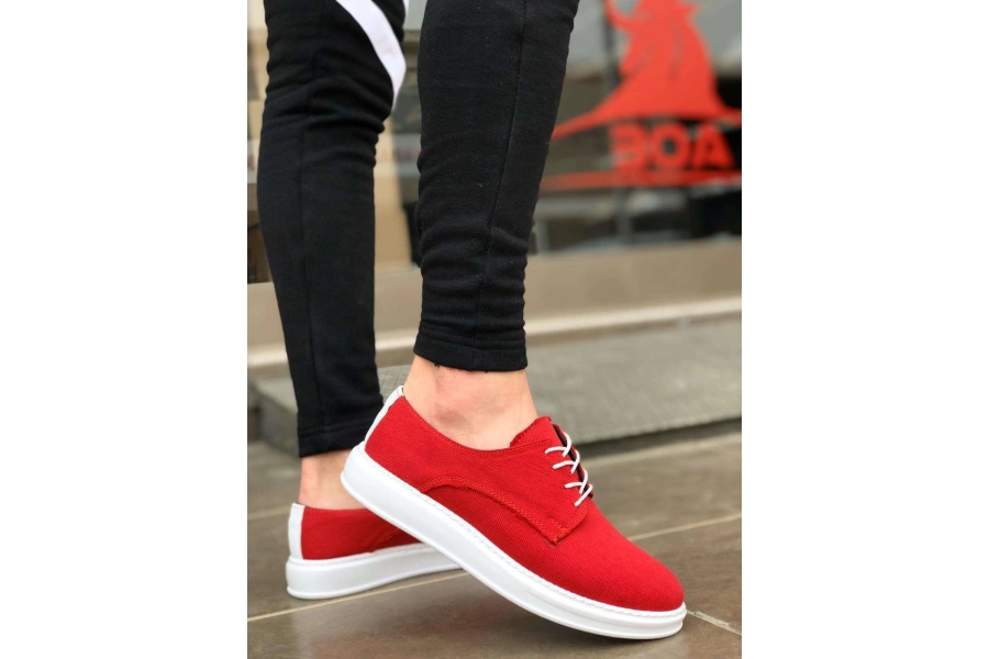 Shoecide Bbo0003 Bağcıklı Klasik Spor Keten Kırmızı Beyaz Yüksek Taban Casual Erkek Ayakkabı