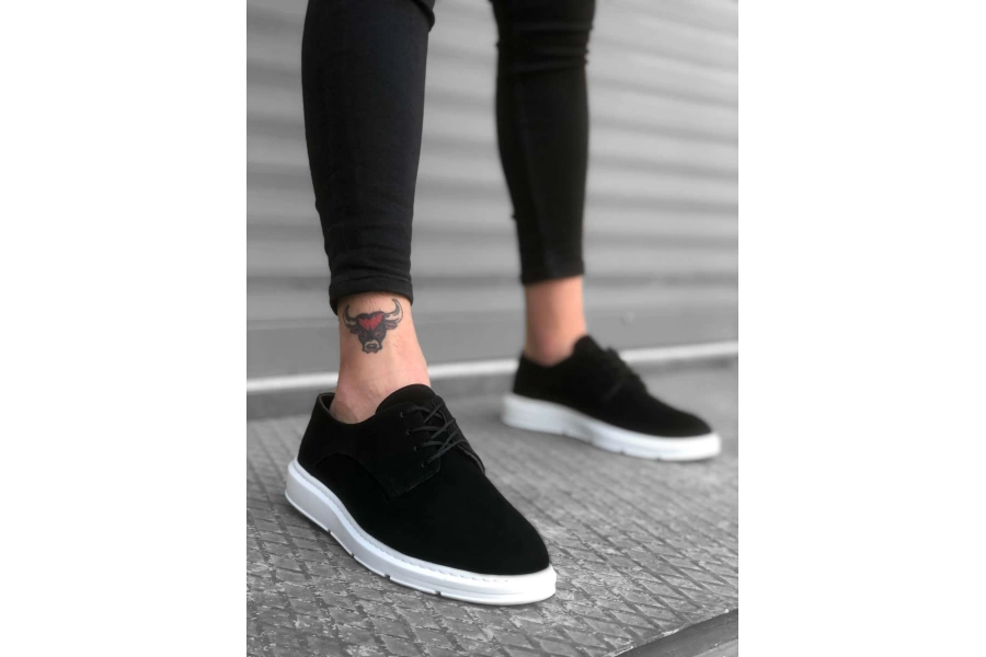 Shoecide Bbo0003 Bağcıklı Klasik Spor Süet Siyah Beyaz Yüksek Taban Casual Erkek Ayakkabı