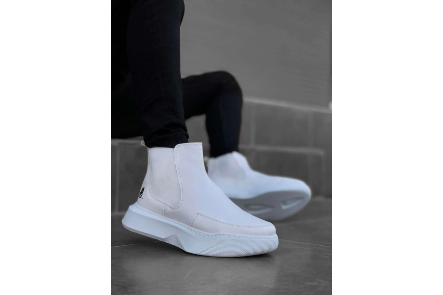 Shoecide Bbo0150 Bağcıksız Bantlı Erkek Yüksek Taban Beyaz Spor Bot