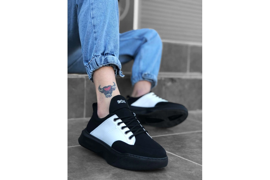 Shoecide Bbo0163 Bağcıklı Erkek Yüksek Taban Siyah Beyaz Spor Ayakkabı