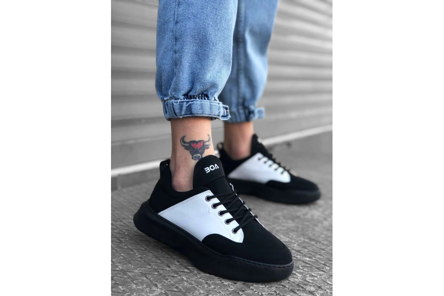 Shoecide Bbo0163 Bağcıklı Erkek Yüksek Taban Siyah Beyaz Spor Ayakkabı