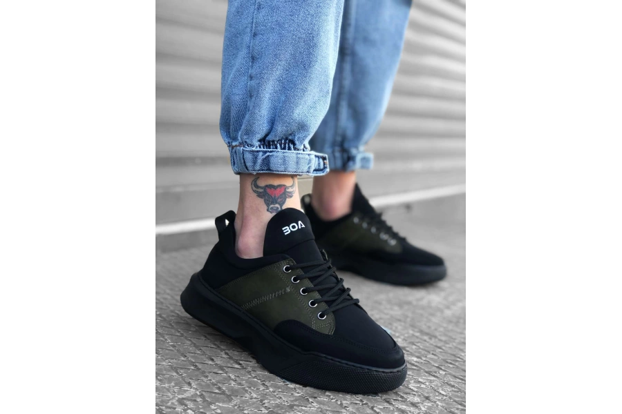Shoecide Bbo0163 Bağcıklı Erkek Yüksek Taban Siyah Haki Spor Ayakkabı