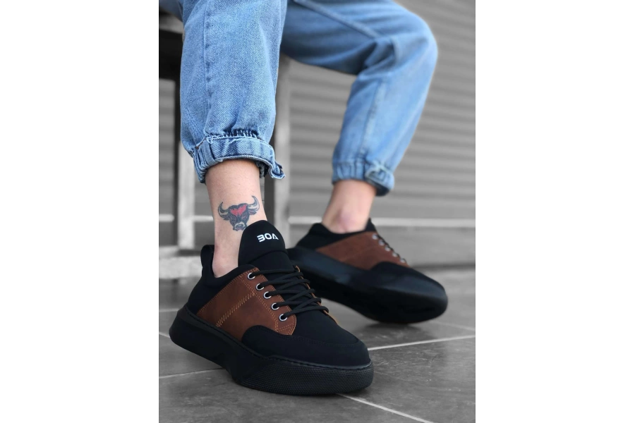 Shoecide Bbo0163 Bağcıklı Erkek Yüksek Taban Siyah Taba Spor Ayakkabı