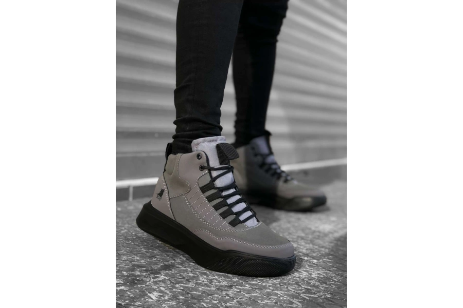 Shoecide Bbo0192 Bağcıklı Erkek Yüksek Taban Füme Siyah Taban Spor Bot