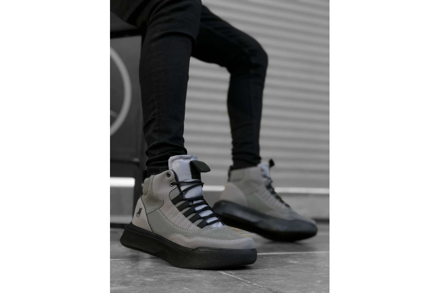 Shoecide Bbo0192 Bağcıklı Erkek Yüksek Taban Füme Siyah Taban Spor Bot