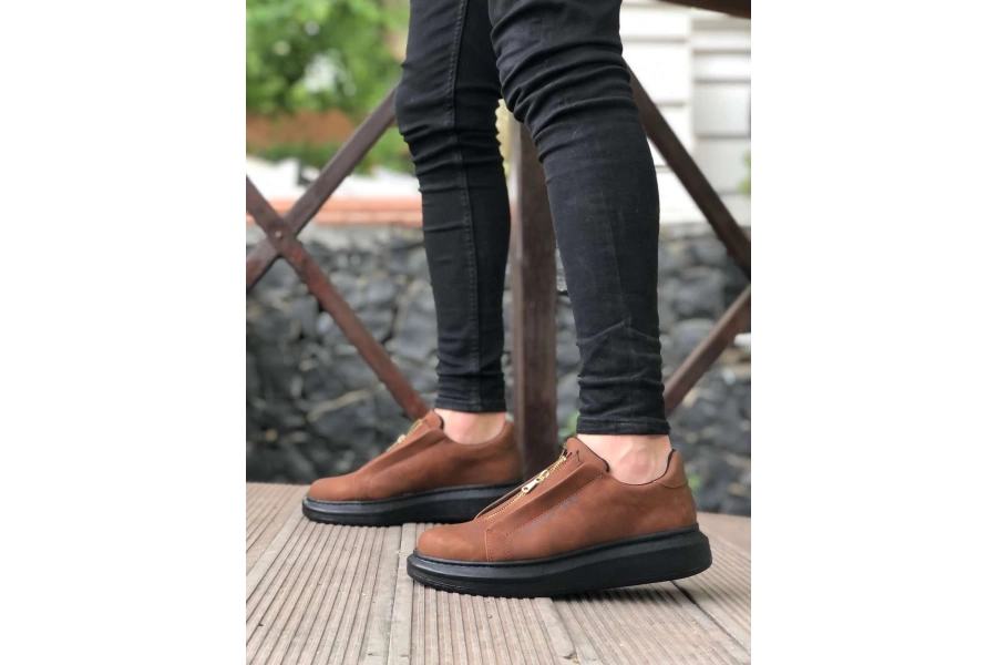 Shoecide Bbo0310 Boa Kalın Yüksek Taban Fermuarlı Taba Siyah Erkek Ayakkabı