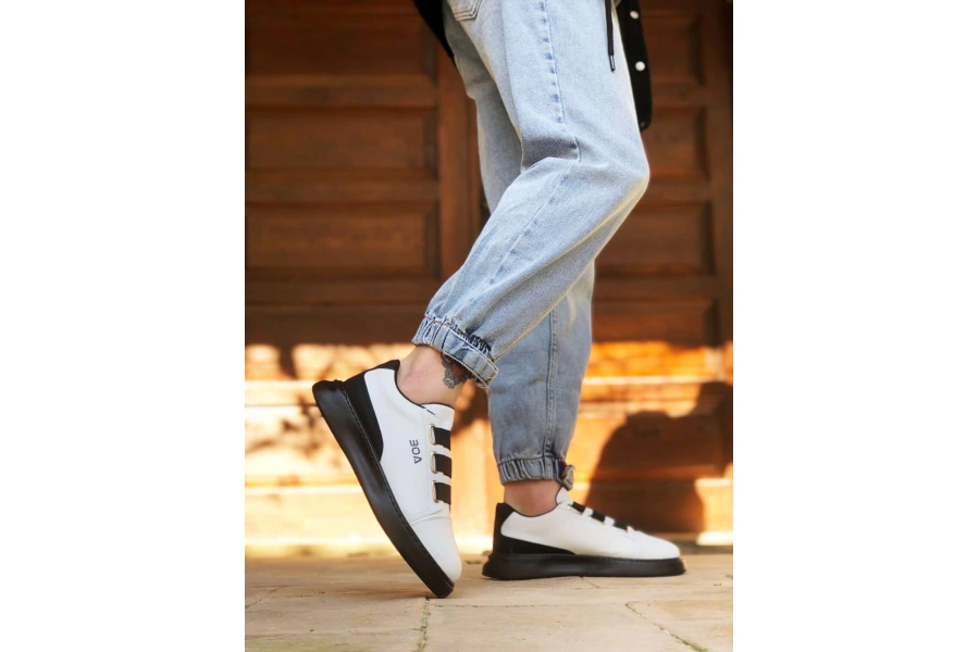 Shoecide Bbo0329 3 Bant Beyaz Siyah Detaylı Kalın Taban Casual Erkek Ayakkabı