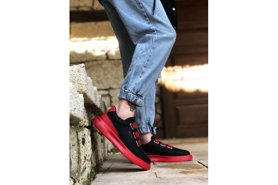 Shoecide Bbo0329 3 Bant Siyah Kırmızı Kalın Taban Casual Erkek Ayakkabı