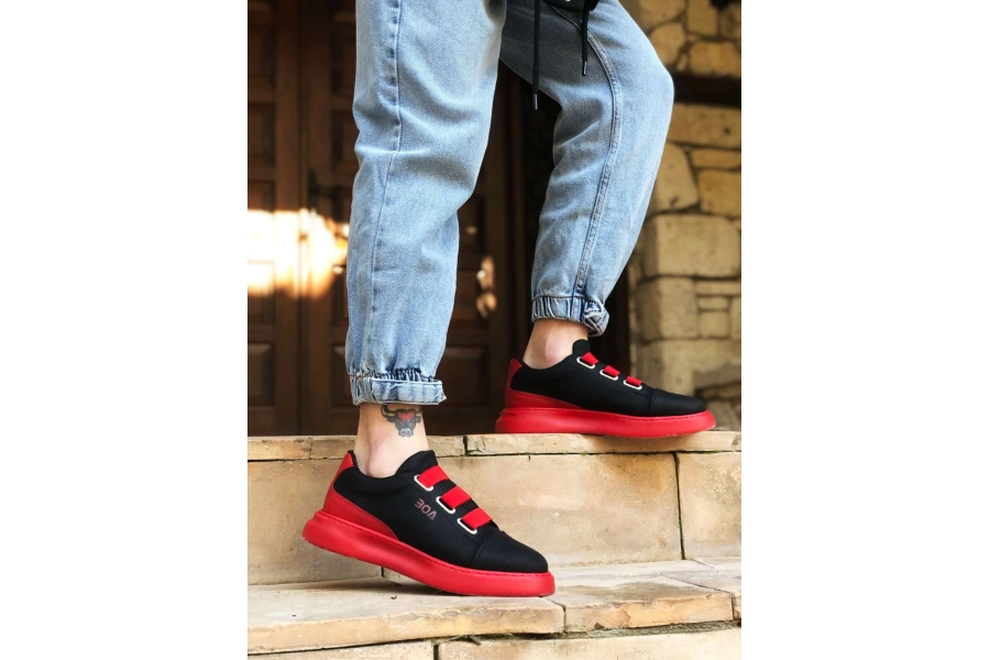 Shoecide Bbo0329 3 Bant Siyah Kırmızı Kalın Taban Casual Erkek Ayakkabı
