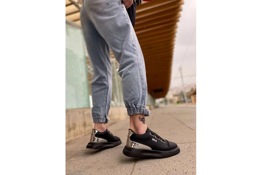 Shoecide Bbo0329 3 Bant Siyah Tabanlı Gümüş Detaylı Kalın Taban Casual Erkek Ayakkabı