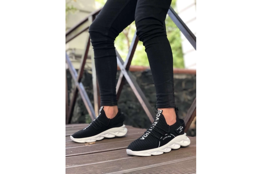 Shoecide Bbo0350 Yüksek Taban Tarz Sneakers Cırt Detaylı Siyah Beyaz Tabanlı Erkek Spor Ayakkabısı