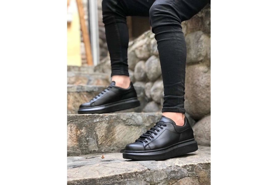 Shoecide Bbo0547 Boa Kalın Yüksek Taban Siyah Bağcıklı Spor Erkek Ayakkabı