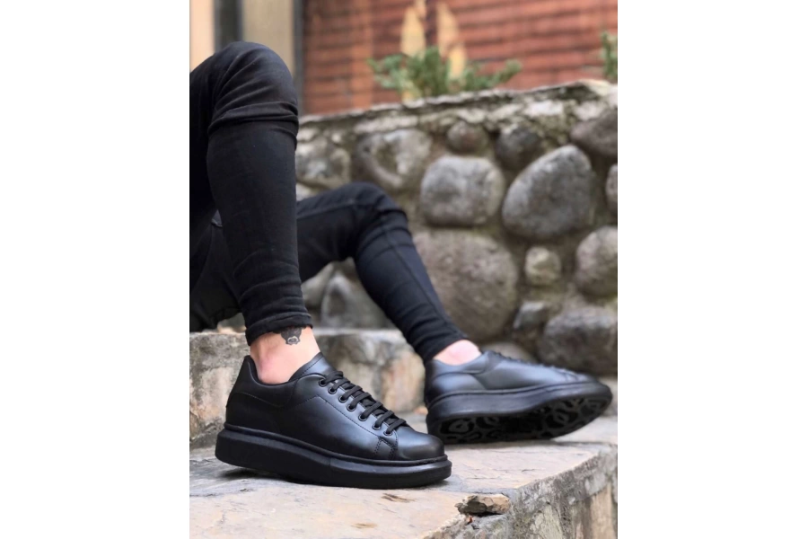 Shoecide Bbo0547 Boa Kalın Yüksek Taban Siyah Bağcıklı Spor Erkek Ayakkabı