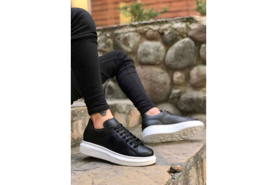 Shoecide Bbo0547 Boa Kalın Yüksek Taban Siyah Beyaz Bağcıklı Spor Erkek Ayakkabı