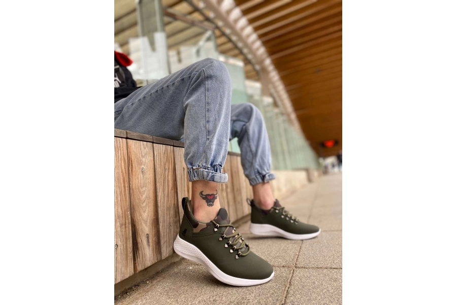 Shoecide Bbo0601 Bağcıklı Rahat Yüksek Taban Haki Kamuflaj Casual Erkek Spor Ayakkabı