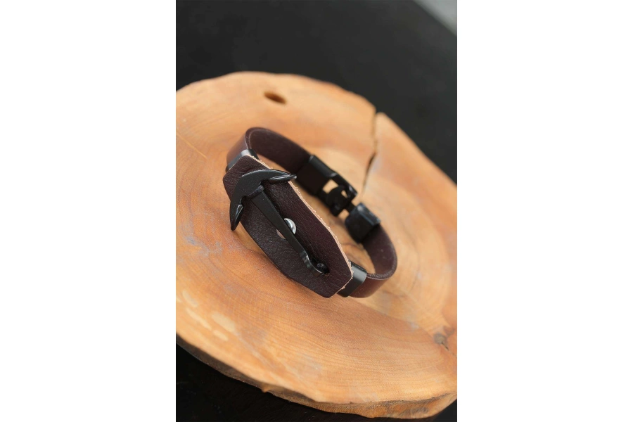 Shoecide Siyah Deniz Çapalı Çelik Aksesuarlı Kahverengi Deri Erkek Bileklik
