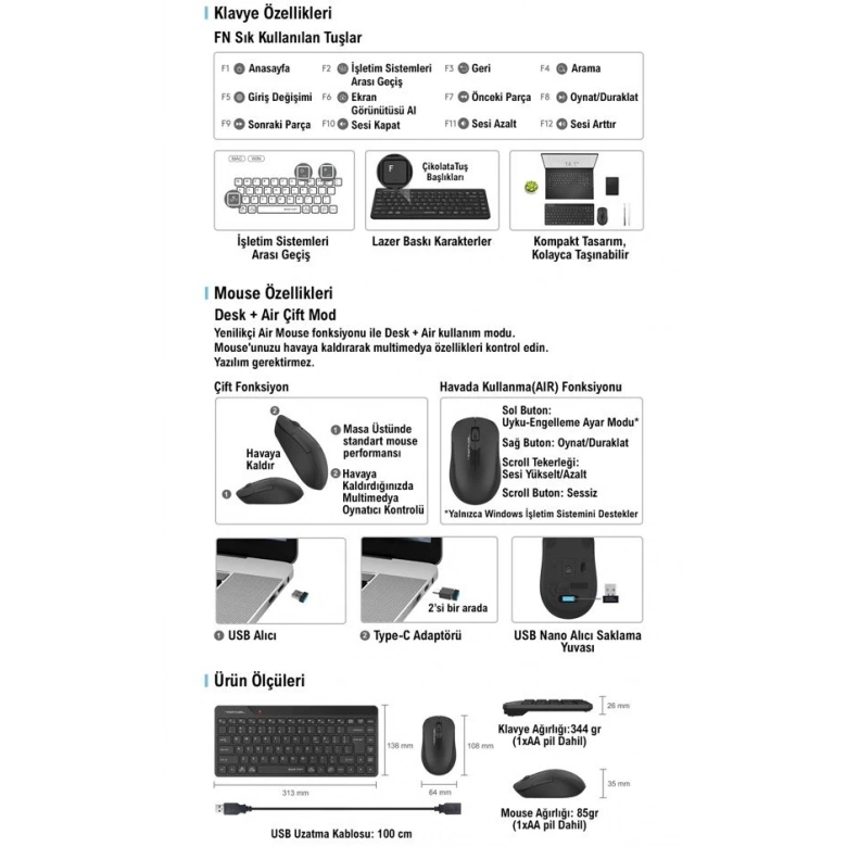 A4 TECH FG2200 AIR2 2.4 SİYAH QMİNİ FN-MM KABLOSUZ SESSİZ SET