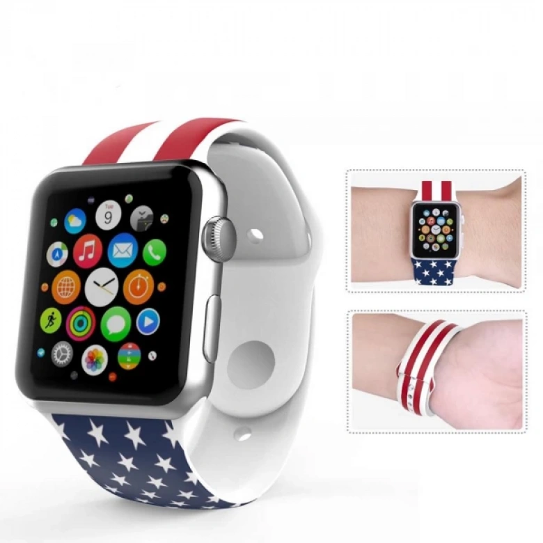 Ally Apple Watch 7-8 45mm 6-5-4 44mm Kordon Kayış Amerika Bayrak Desenli Kordon 3-2-1 42mm