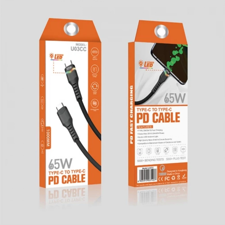 ALLY Led Işıklı 65W Type-C To Type-C Hızlı Şarj Kablosu 1m