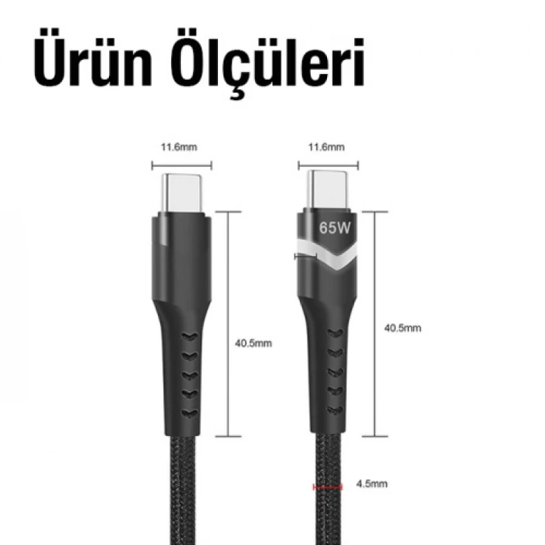 ALLY Led Işıklı 65W Type-C To Type-C Hızlı Şarj Kablosu 1m