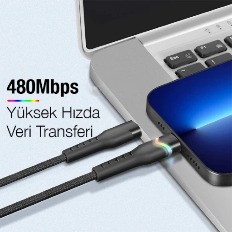 ALLY Led Işıklı 65W Type-C To Type-C Hızlı Şarj Kablosu 1m